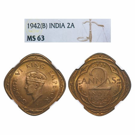 George VI, Nickel-Brass, 2 Annas, 1942, Bombay Mint, Dots by year, Head Type II, Large num