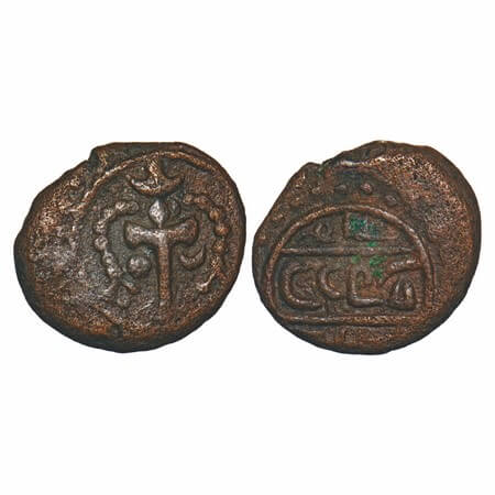 Gingee Nayakas, Copper Kasu, 3.56g, 14.02x15.76mm, Obv: Dagger flanked by sun and moon wit