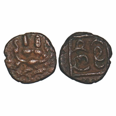 Madurai Nayakas, Kasu, Copper, 0.74g, 9.03x9.33 mm, Obv: Lord Muruga and Valli sitting on 