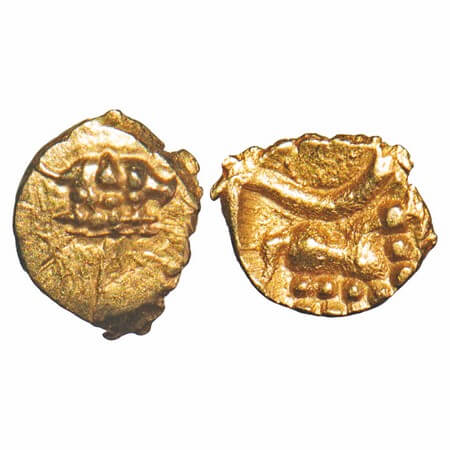 Hoysala of Karnataka, Anonymous issue, Gold Fanam, 0.13g, 5.70x4.63mm, Obv: Lion facing to