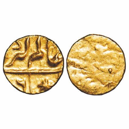 Alamgir II, Gold Fanam, 0.18g, (Kharpa), Obv: Alamgir in different style, Rev: Unclear. KM