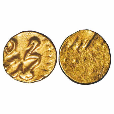 Alamgir II, Gold Fanam, 0.19g, (Kharpa), Obv: Muhammad Shah, Rev: Unclear. KM Unlisted. Ex