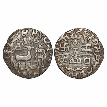 Kunindas, Amoghabhuti, Tribe of Punjab, Silver Drachma, 2.04g, 17.98x16.91mm, Obv: Deer st