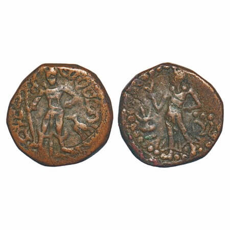 Tribe of Punjab, Yaudheya, Karttikeya-Devasena type, Copper Unit, 11.06g, 23.44x24.12mm, O