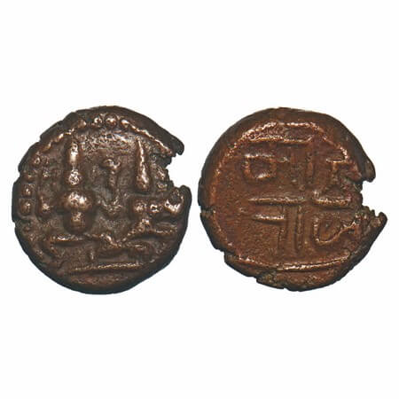 Marathas of Tanjore, Copper Cash, 2.56g, Obv: Siva holding damru, & Parvati seated, Rev: N
