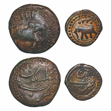 Mysore, Copper (2 Coins). 1) Paisa, 10.84g, Tipu Sultan, Kalikut Mint, AH 1215 (retro date