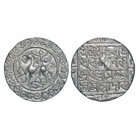 Tripura, Silver Tanka, 10.74g, Rajdhar Manikya (SE 1508-1521 / 1586-1599 AD), Obv: Lion fa