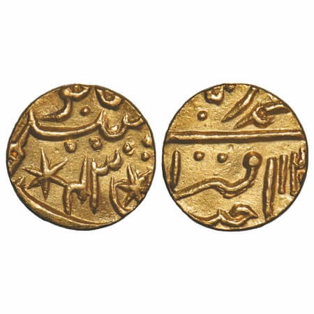 Bharatpur, Gold ½ Mohur, 5.64g, Jaswant Singh (1853-1893 AD), INO Muhammad Akbar II, Braje