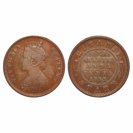 Bikanir, Copper ¼ Anna, 6.39g, Ganga Singh, 1895 AD, with the name and portrait of Victori