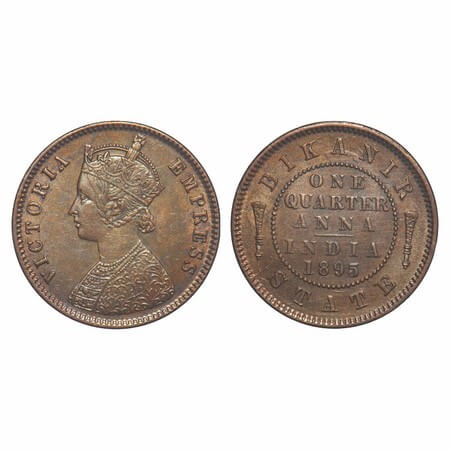 Bikanir, Copper ¼ Anna, 6.52g, Ganga Singh, 1895 AD, with the name and portrait of Victori