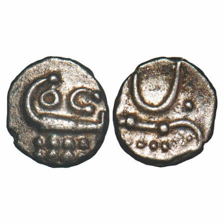 Cochin State, Silver Puttun , 0.36, Obv: Stylized Varaha, Rev: Degenerated Sardula (Hoysal
