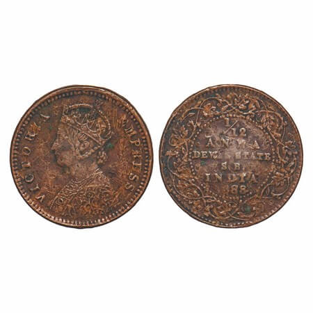Dewas Senior, Copper 1/12 Anna, 2.21g, Narayan Rao (c. 1864-1892 AD), Crowned bust of Vict