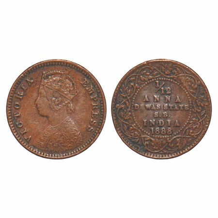 Dewas Senior, Copper 1/12 Anna, 2.23g, Narayan Rao (c. 1864-1892 AD), Crowned bust of Vict