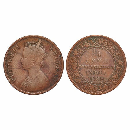 Dewas Senior, Copper ¼ Anna, 6.37g, Narayan Rao (c. 1864-1892 AD), Crowned bust of Victori