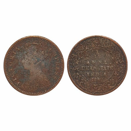 Dhar, Copper 1/12 Anna, 1.94g, Anand Rao III, 1887 AD, bust of Victoria Empress on obv. KM