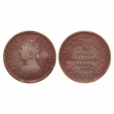 Dhar, Copper ½ Pice, 2.76g, Anand Rao III, AD 1887, bust of Victoria Empress on obv. KM 12