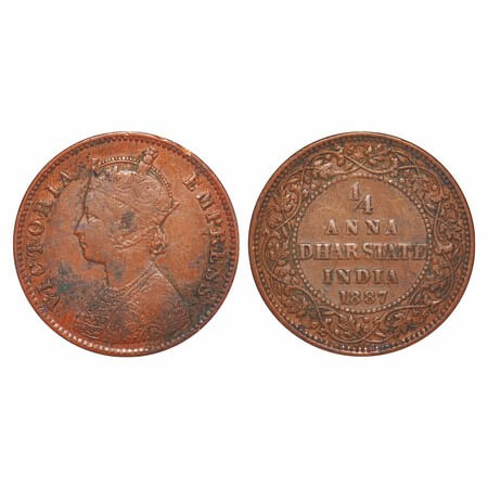 Dhar, Copper ¼ Anna, 6.24g, Anand Rao III (1860-1898 AD), 1887 AD, bust of Victoria Empres