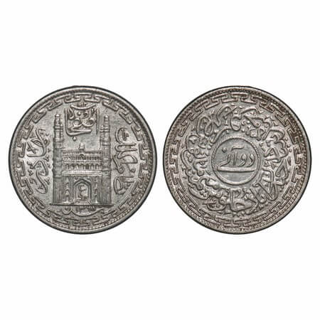 Hyderabad, Nickel 2 Annas, 1.41g, Mir Usman Ali Khan, Farkhanda Bunyad Hyderabad Mint, AH 