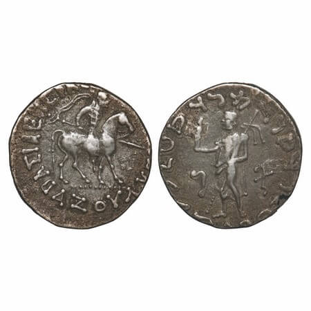 Indo-Scythians, Azes I (c. 57-35 BC), Silver Tetradrachm, 9.73, 24.67X24.21mm, Obv: King m