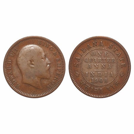 Sailana, Copper ¼ Anna, 4.84g, Jaswant Singh (1890-1919 AD), 1908 AD, bust of Edward VII o