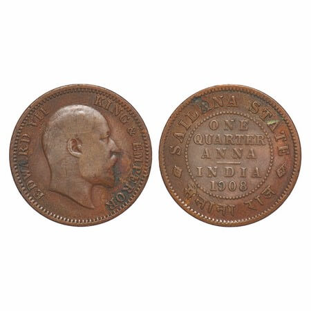 Sailana, Copper ¼ Anna, 4.82g, Jaswant Singh (1890-1919 AD), 1908 AD, bust of Edward VII o