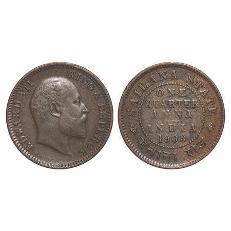 Sailana, Copper 1/4 Anna, 4.75g, Jaswant Singh (1890-1919 AD), 1908 AD, bust of Edward VII