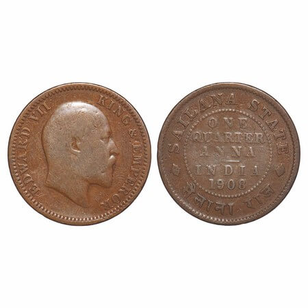 Sailana, Copper 1/4 Anna, 4.56g, Jaswant Singh (1890-1919 AD), 1908 AD, bust of Edward VII
