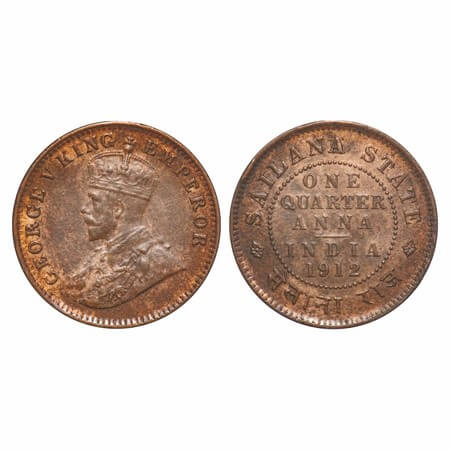Sailana, Copper ¼ Anna, 4.80g, Jaswant Singh (1890-1919 AD), 1912 AD, bust of George V on 