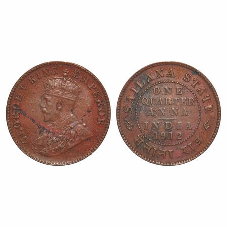 Sailana, Copper ¼ Anna, 4.80g, Jaswant Singh (1890-1919 AD), 1912 AD, bust of George V on 