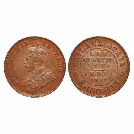 Sailana, Copper ¼ Anna, 4.87g, Jaswant Singh (1890-1919 AD), 1912 AD, bust of George V on 