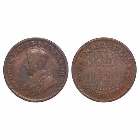 Sailana, Copper ¼ Anna, 4.55g, Jaswant Singh (1890-1919 AD), 1912 AD, bust of George V on 