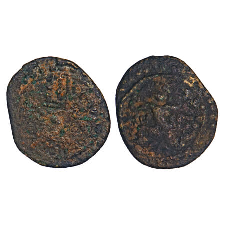 Travancore, Copper, Ananthasayanam issues, 1.52g, Obv: Padmanabha to left, hand bent up, R