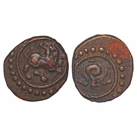 Travancore, Copper Thirai Cash, 1.84g, Obv: Yali, Rev: Garlanded Conch, within dotted bord