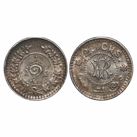 Travancore, Silver 2 Chuckrams, 0.76g, Rama Varma VI (ME 1062-1101/ 1885-1924 AD), Obv: Co