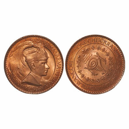 Travancore, Bronze Chukram, 7.78g, Bala Rama Varma II, portrait type, die rotation error r