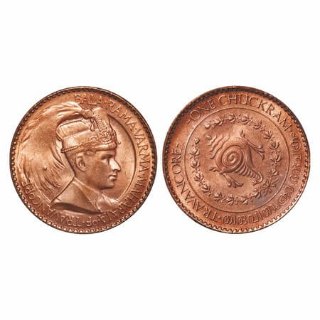 Travancore, Bronze Chukram, 7.81g, Bala Rama Varma II, portrait type, die rotation error r
