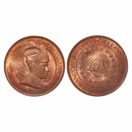 Travancore, Bronze Chukram, 7.78g, Bala Rama Varma II, portrait type, die rotation error r