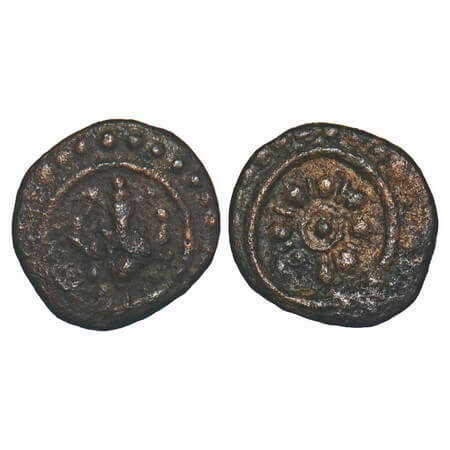 Travancore, Copper, Venad Cheras, Thirai Cash, 1.07g, Obv: seated Lord Ganesha, Rev: Flowe
