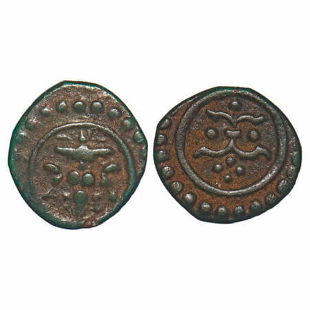 Travancore, Copper Thirai Cash, 0.98g, Obv: Seated Deity Probably Lakshmi Goddess Holding 