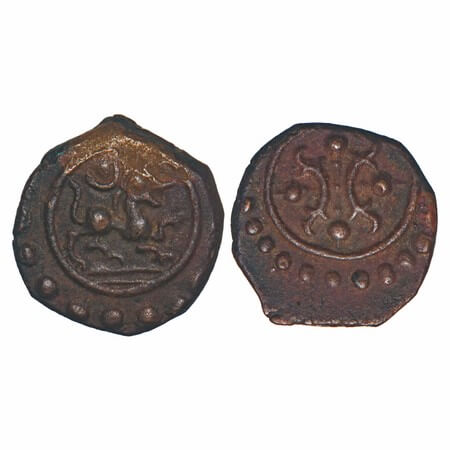 Travancore, Copper Thirai Cash, 1.57g, Obv: lion to right paw raised, sun and with crescen