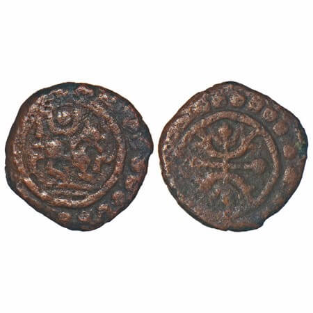 Travancore, Copper Thirai Cash, 1.23g, Obv: Lion with crescent above, Rev: geometrical des