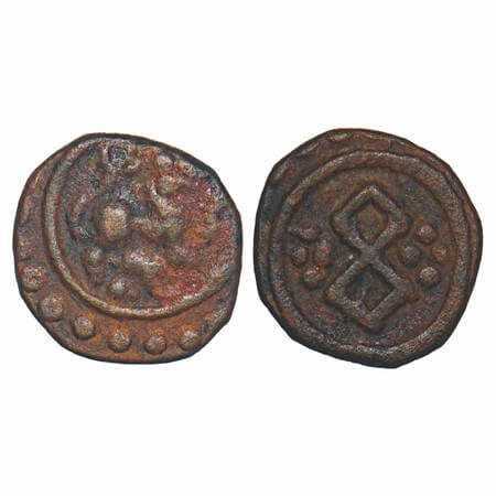 Travancore, Copper Thirai Cash, 1.20g, Obv: Lion to right paw raised, Rev: Double chakra, 