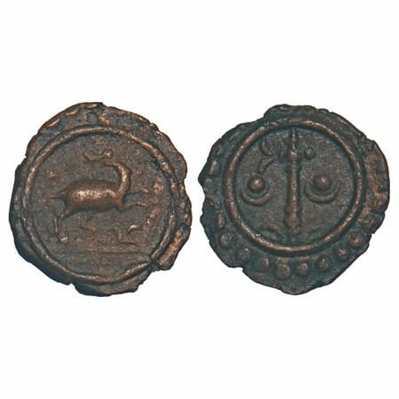 Travancore, Thirai Cash C (ii) series - Large Copper, 0.96g , Obv: Deer right , head retur