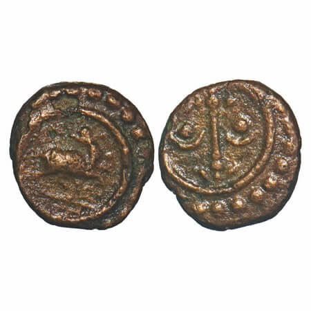 Travancore, Copper Thirai Cash, 1.18g, Obv: Deer to right head turned back, Rev: stylised 