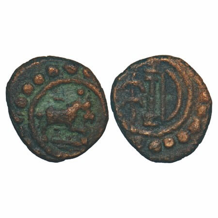 Travancore, Copper Thira Cash, 0.97g, Obv: Prancing Horse, Rev: double umbrella, lamp, bow
