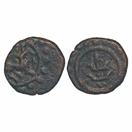 Travancore, Copper Thira Cash, 0.79g, Obv: Prancing Horse, Rev: double umbrella, lamp, bow