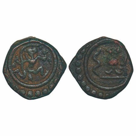 Travancore, Copper Thirai Cash, 1.57g, Obv: Hanuman Running to right, Rev: Kamandalu with 
