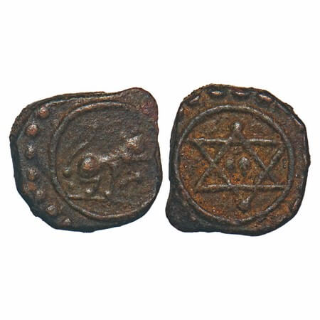 Travancore, Copper Thirai Cash, 1.29g, Obv: Lion Seated Facing Right, Rev: Sudharshana cha