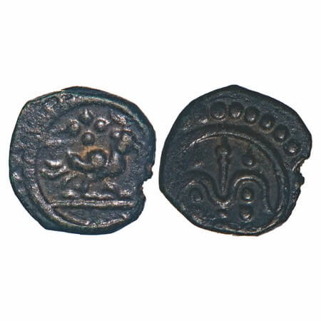 Travancore, Copper Thirai Cash, 1.19g, Obv: Bird Facing Right above Four Pellets, Rev: sta