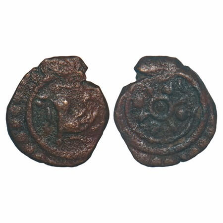 Travancore, Copper Thirai Cash, 0.94g, Obv: animal, Rev: decorative flower. Beena Sarasan 